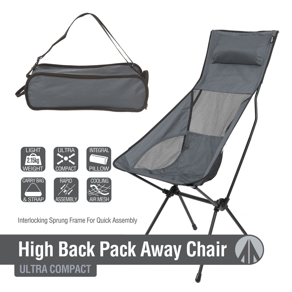 2 Pack High Back Camping Chairs – Lightweight Folding Packaway Chairs – Grey