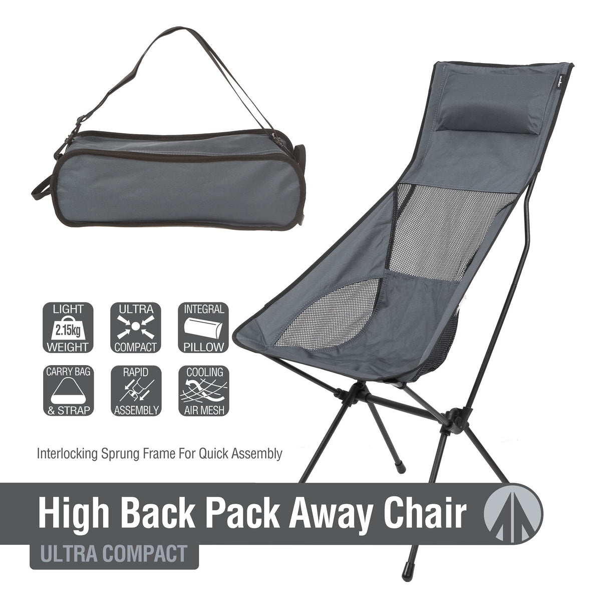 2 Pack High Back Camping Chairs – Lightweight Folding Packaway Chairs – Grey