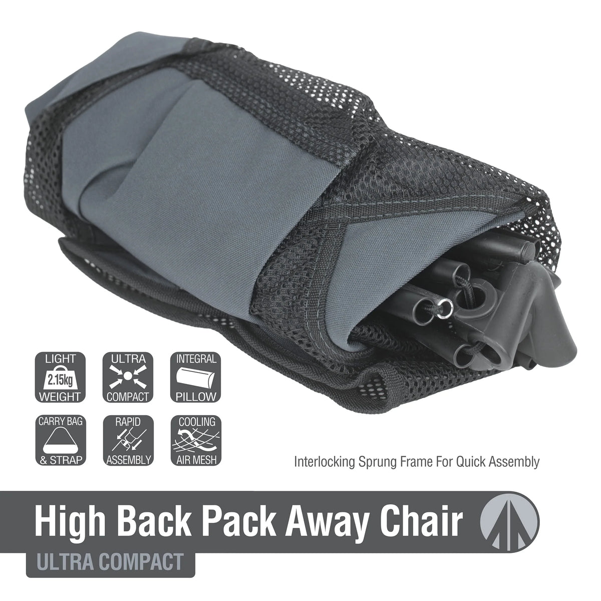 2 Pack High Back Camping Chairs – Lightweight Folding Packaway Chairs – Grey