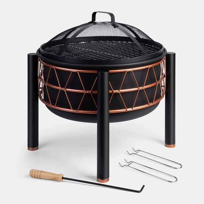 VonHaus Round Fire Pit – Black & Copper Garden Patio Firepit