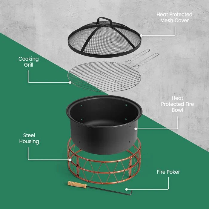 VonHaus Round Fire Pit – Black & Copper Garden Patio Firepit