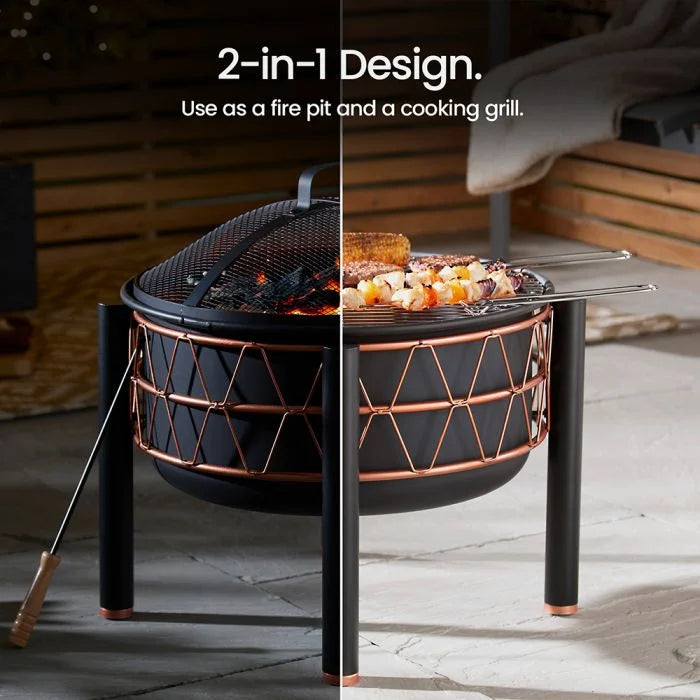 VonHaus Round Fire Pit – Black & Copper Garden Patio Firepit