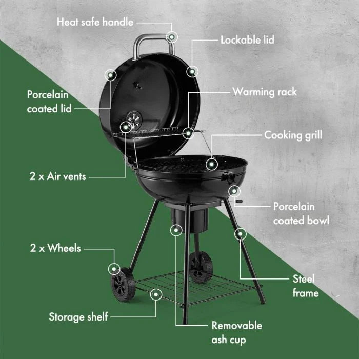 Charcoal Kettle BBQ – Enamel Steel Barbecue Grill with Wheels