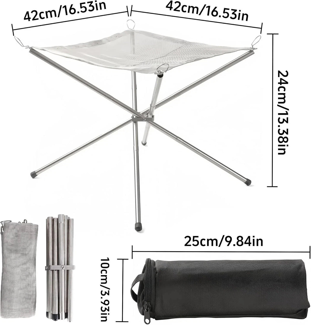 42cm Portable Folding Fire Pit – Stainless Steel Mesh for Camping